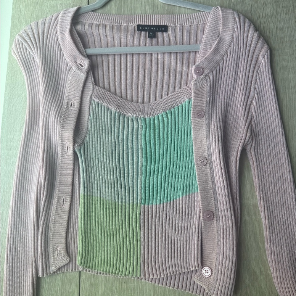 Blue Blush Light Pink Ribbed Cardigan with Mint & Light Green Colorblock Tank